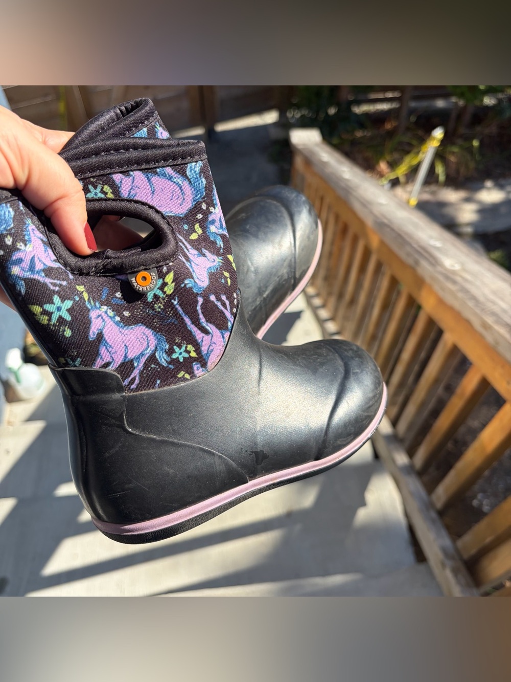 Bogs Kids Black Rain Boots with Purple Unicorn Print